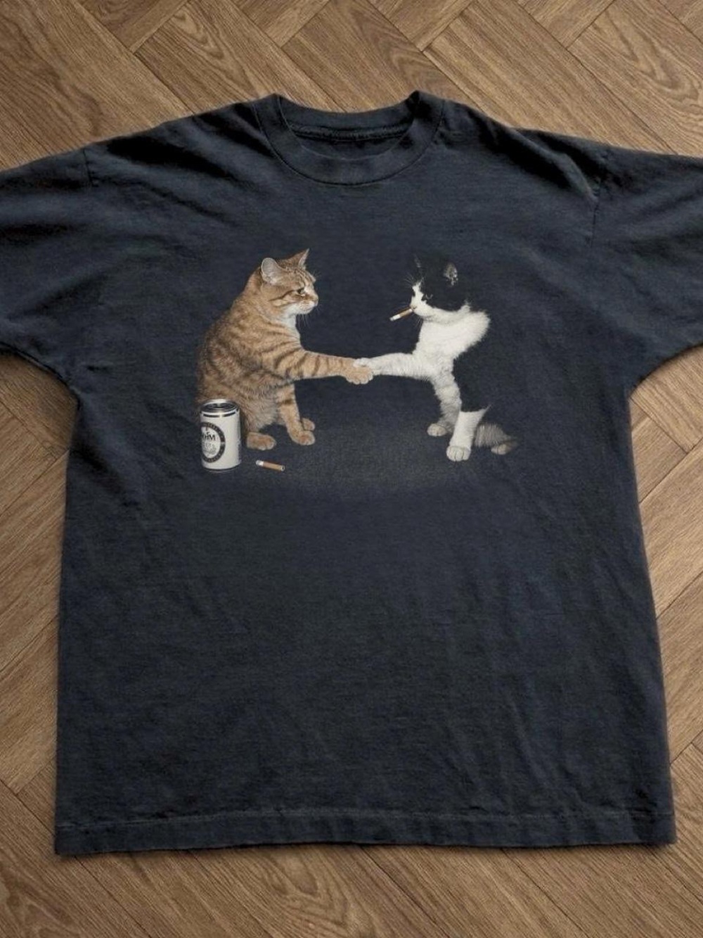 Gildan Black Tee with Two Cats Shaking Paws Graphic